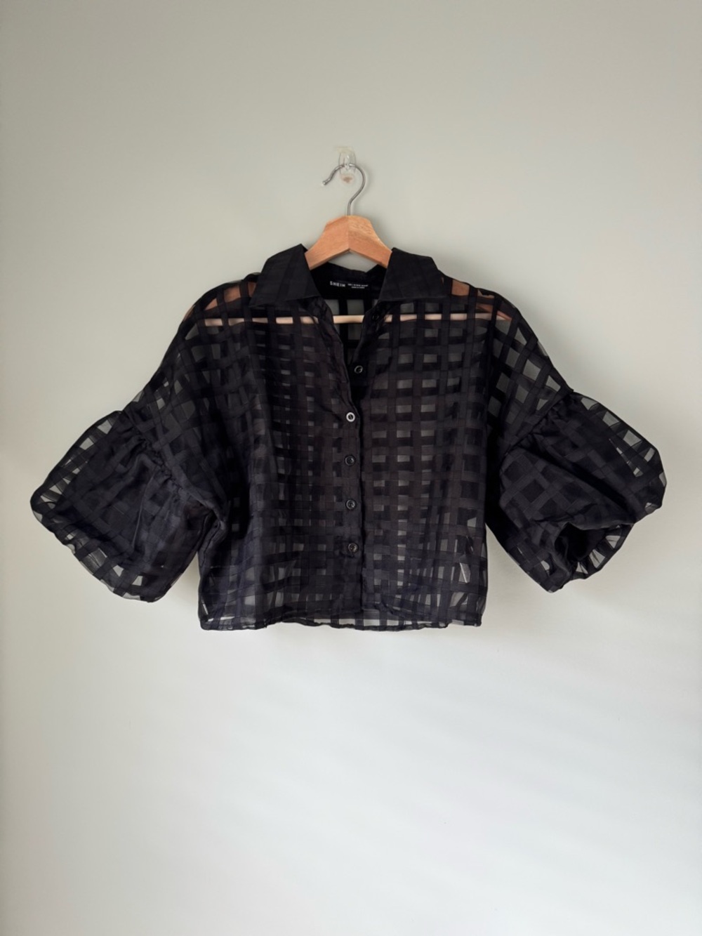 SHEIN privé Black Sheer Checkered Button-Front Crop Top